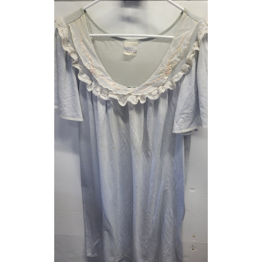 Quiet Moments Vintage Light Blue Lace Trim Floral Embroidered Nightgown XL